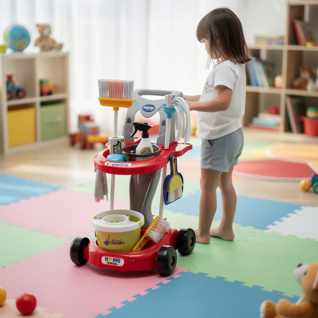 Kids Cleaning Cart with Accessories - Toy Cleaning Trolley Set