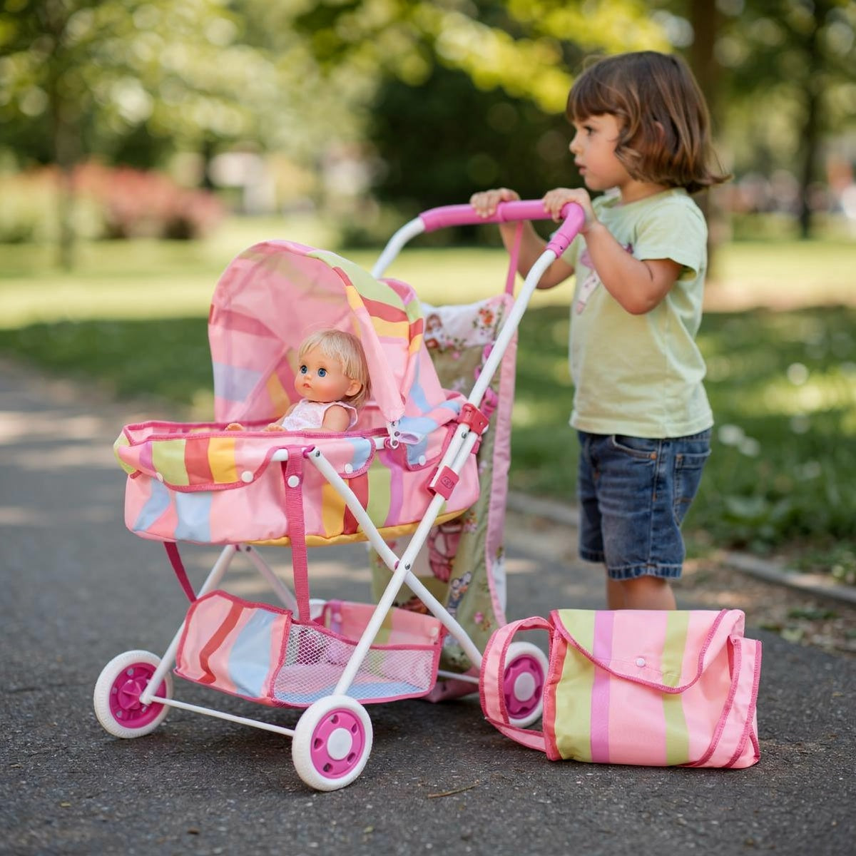 Baby Doll Pram with Nappy Bag & Storage - Kids Toy Stroller