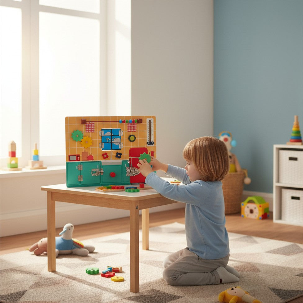 Wooden Kitchen Activity Board - Peek-a-Boo Latch Board for Toddlers