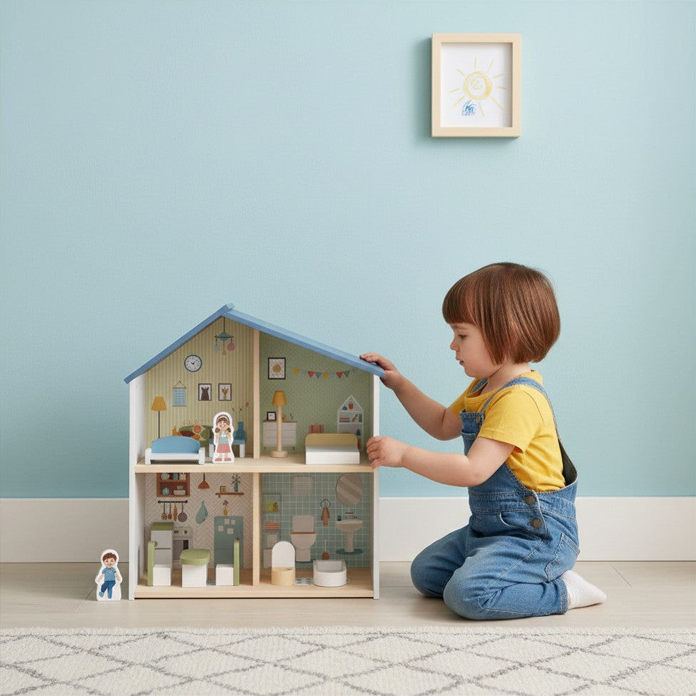 Hi Pando Wooden Dollhouse 4 Rooms with Furniture & Dolls