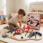 Wooden Fire Rescue Train Set 70 Pieces - Motorized Train with Sounds