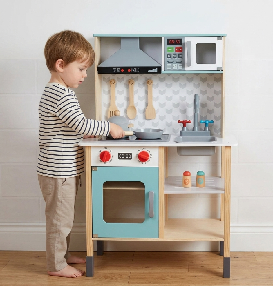 Wooden Play Kitchen Set with Accessories - Tooky Toy Kids Kitchen