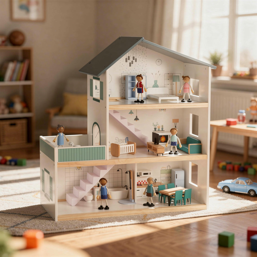 Wooden Dollhouse 3 Storey with Dolls & Furniture - Tooky Toy