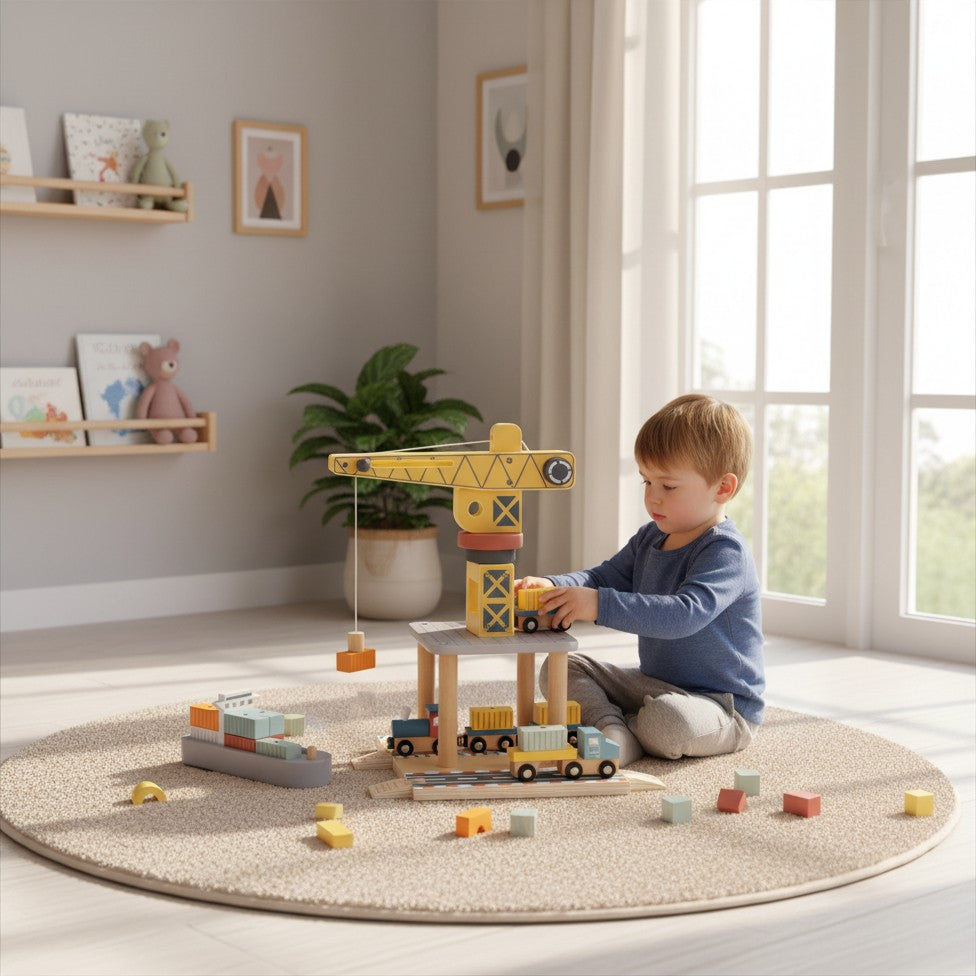 Wooden Port Crane Set with Train, Truck & Ship - Tooky Toy