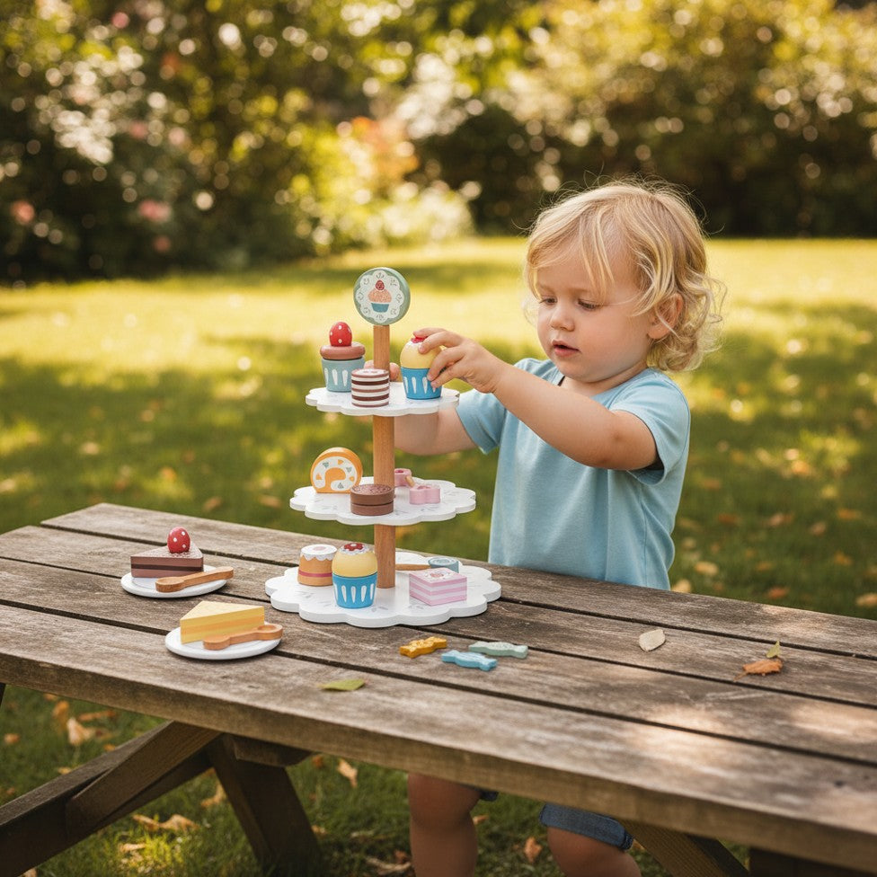 Wooden Dessert Tower 3-Tier with 14 Treats - Tooky Toy Play Food