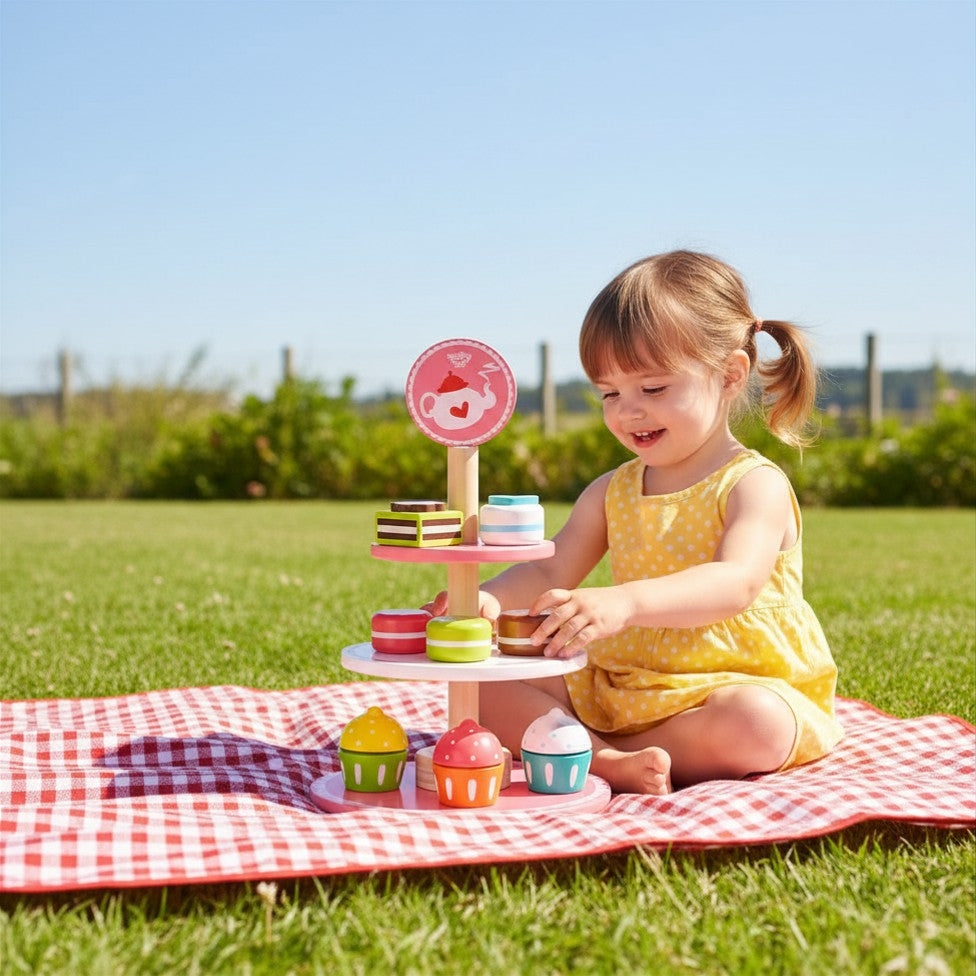 Wooden Dessert Stand 3-Tier with Cakes - Tooky Toy Play Food